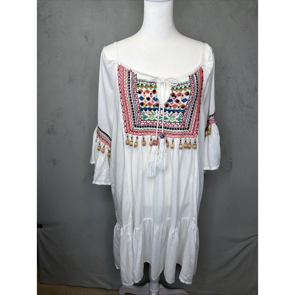 Boston Proper Women's L White Embroidered Boho Tunic Dress Beaded Tassel Rayon